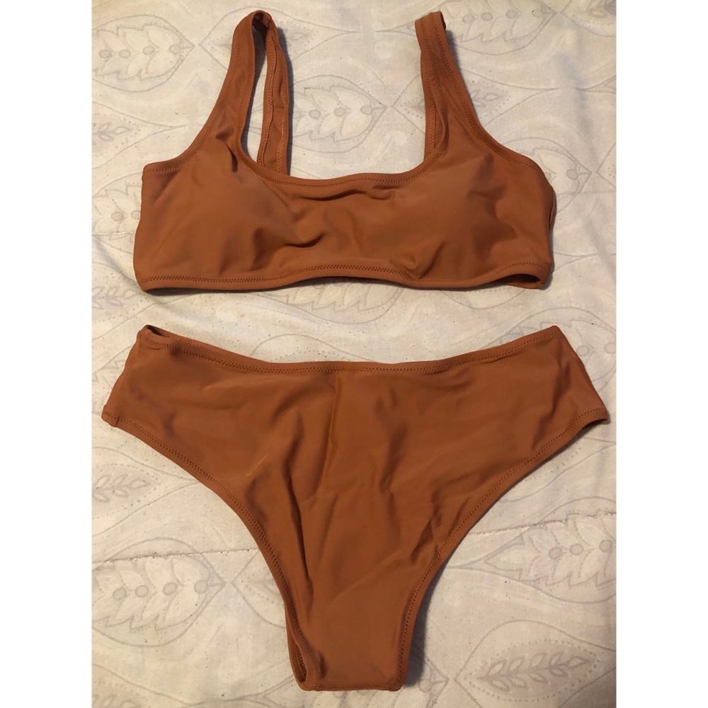 SHEIN Brown Scoop Neck High Waisted Swimsuit